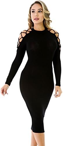 Tammy Style Netty Cold Should Rib Knit Midi Dress (L, Black)