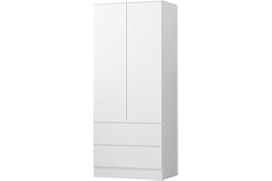 FWStyle Matt White 2 Door 2 Drawer Combination Wardrobe, Scandinavian Bedroom Nursery Storage with Handleless Design, Hanging Rail and Soft Close Hinges, Scratch Resistant, W80 x H180 x D50cm