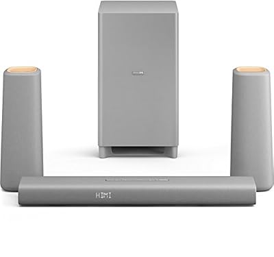 Philips Zenit Home Cinéma 3.1 avec Bluetooth & NFC, HDMI ARC, caisson de basses sans fil, HDMI 4K, 340W, Argent/Bois