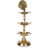 MOZO HUB Brass Golden 3 Tier Small 7 batti Pooja Diya 21 cm
