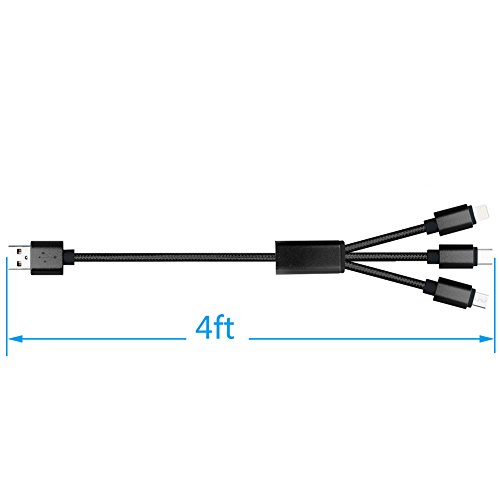 Multi USB Kabel, 4ft /1.24m Nylon geflochten 3 in 1 USB Ladekabel Adapter Stecker mit 8 Pin Lightning / Type C / Micro USB für iPhone 6s, 6, 6 Plus, 5 / 5S / 5C, Galaxy S2, 3, 4, Nexus 6P , 5X und mehr Smartphones(Schwarz) - 5