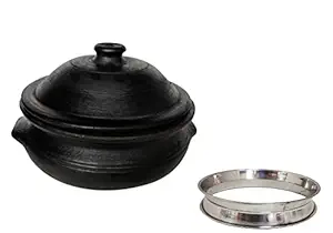 Beverlion LPG and Microwave Pre Seasoned Clay Earthen Pot Cooking Hot Pot Pot with Lid, Steel Ring - 3 Litre - Black