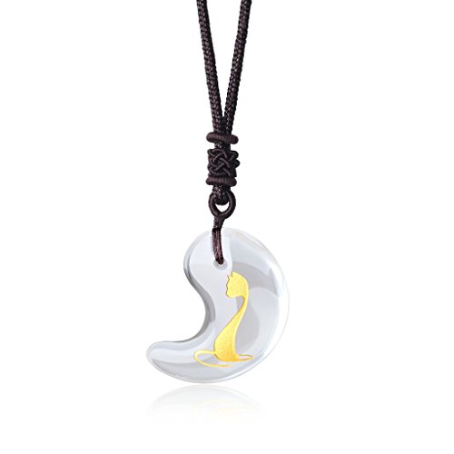 COAI® Colgante Ajustable Unisex Tótem de Gato Grabado Magatama Japonesa Piedra Natural Cuarzo Claro