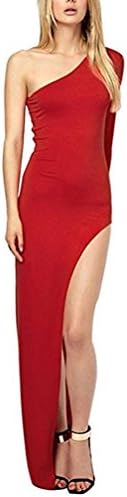 SunIfSnow Women Sexy One Shoulder Sleeveless Side Back High-Slit Floor Length Party Dress S