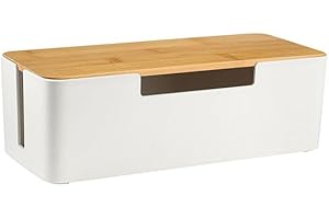 BUYSK ABS Cord Organizer Box mit hölzernem Deckel, Kabel-Management-Box für Power Strips oder Surge Protectors, Desk Cable Tidy Box für Büro Home (Weiß)