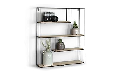 LIFA LIVING Bilbao | Etagère Murale en Bois et métal Noir avec 4 étagères| Etagère en Bois, Style Vintage et Nature | Étagère à épices pour Cuisine ou Autre en Bois et métal | 55 x 11 x 45 cm