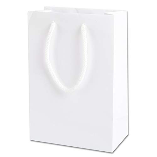 Thepaperbagstore 20 Sacchetti Regalo di Carta Piccoli, con Manici in Corda e Finitura Lucida - Bianchi - 150x220x80mm