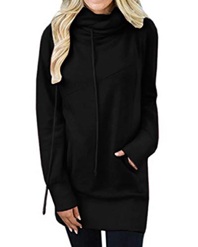 Kidsform Sweat-Shirt Femme à Capuche Pull-Over Femme à Manches Longues Tunique Longue Col Haut avec Poches Casual V Noir 40/42 EU