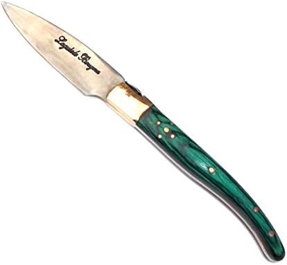 6240. 1 x 14cm butter knife Green Teak wood handle Laguiole Bougna France.Forged hand finished inlaid filigree spine handles,brass bolster. individually made using natural materials, no two sets will be the same