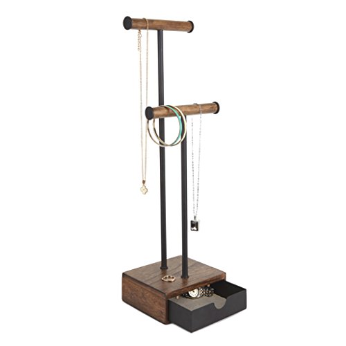 Umbra 299269-048 Pillar moderner Schmuckbaum mit Schiebefach, Schmuckaufbewahrung, Ketten-/Uhrenständer, walnuß / schwarz - 2