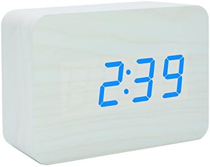 Electronic LED Wooden Alarm Clock Digital Silent Time Temperature Date Alternate Display Desktop Home Bedside Travel Clocks for Bedrooms (White Wood Blue Light)