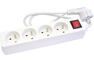 GEFOLEC Bloc Multiprise 4 Prises 16A avec Terre + Interrupteur Marche/Arrêt Lumineux, Câble 1m - Blanc Compact et Robuste