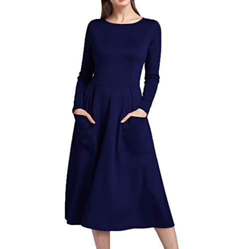 Vestido de Mujer, Manadlian Vestidos Sueltos de Manga Larga de Mujer Bolsillos Vestidos (M, Azul)