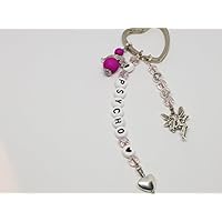 Rosa Schlüsselanhänger, Psycho, personalisierbar, Spruch, ein Spruchband, Engelanhänger, Schutzengel, Glücksengel, Namen, fröhlich, witzig, lustig,