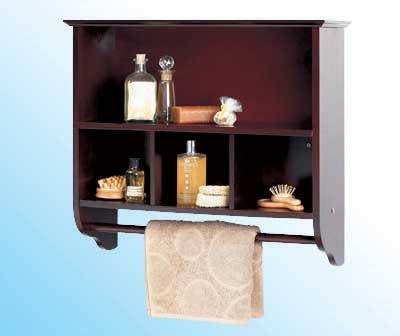 Two Shelf Bathroom Wall Storage Unit with Towel Rail - Mahogany Finish