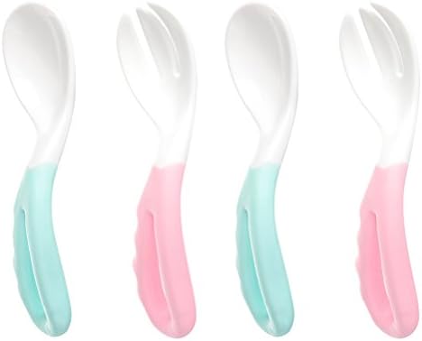 Reizbbay Easy-to-hold Baby Spoon and Fork Set with Curved Handle Gum-Friendly Learning cutlery for Toddlers BPA Free (4 pcs) (Blue+Pink)
