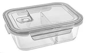 ZOKIXTO Glass Lunch Box - Leak-Proof Bento-Style Food Container with Airtight Lid and Air Valve Divided 3-Compartment Design - 5 Cup Capacity for Meal Prepping, and Portion-Controlled Meals for Adults & Teens (Gray)