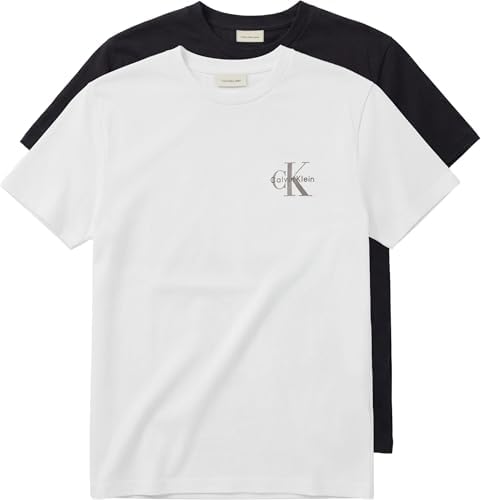 Calvin Klein Uomo T-Shirt Maniche Corte Confezione da 2 Classic Micro Monologo con Scollo Rotondo, Multicolore (Bright White/Oatmeal), M