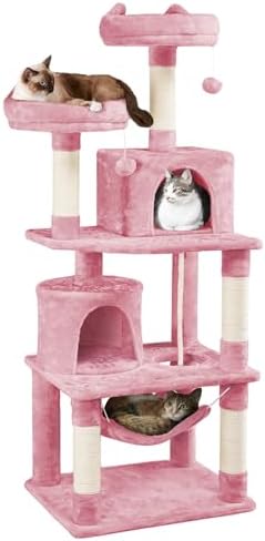 Yaheetech Albero Tiragraffi per Gatti Adulti Grandi Medi con Giocattolo Gioco Palle in Corda Sisal Naturale 61 x 49 x 158 cm Rosa