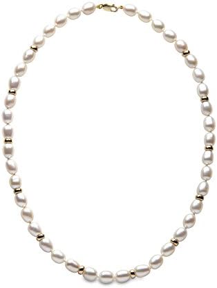 Kimura 6 mm Cultured White Rice Shaped Freshwater Pearl 17-inch Necklace with 9 ct Yellow Gold Beads