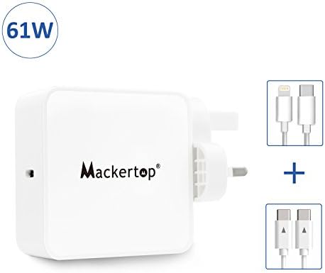 Mackertop 61W 29W USB C Power Adapter Charger for iPhone X/8 Plus/8, IPAD PRO, New MacBook Pro 13 inch 2017/2016, Samsung Galaxy Note8/S9/ S8 and More, with USB-C to USB-C Charging Cable and USB-C to Lightning Cable