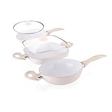 Sartenes antiadherentes cuerpo de aluminio e interior con revestimiento de cerámica,diseño exclusivo y elegante en color crema - 5 piezas