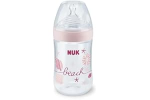 NUK Nature Sense Babyflasche, Silikon-Trinksauger, BPA-frei, Gr.M, 260ml, rosa Limited Beach Edition