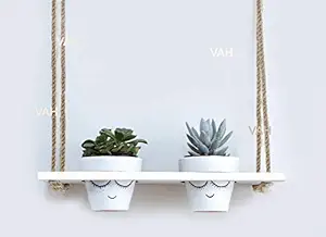 VAH Wood Hanging Planter Shelf Plant Hanger Decorative Flower Pot Rack with Rope Home Decor Hanging Planter-Plant Stand-Vertical Planter-Planter Rack ( 2 Pot White Planter)