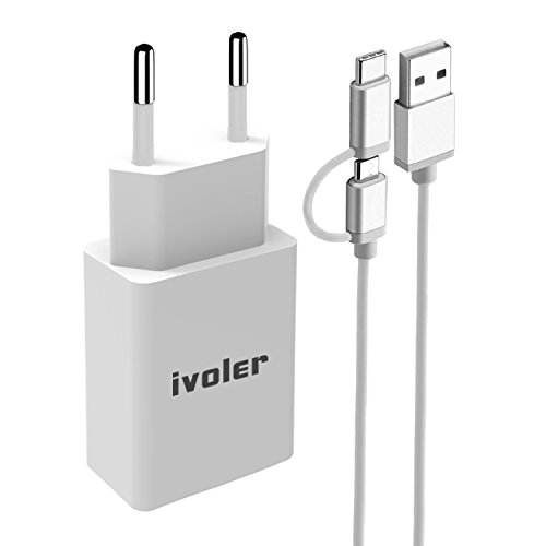 iVoler Super Mini Caricatore da Muro Portatile a 1 Porte (12W/ 2.4A Max) Incluso un Cavo 2 in 1 Type C e Micro USB (1m) per Samsung Galaxy S9 / S9 Plus / S8 / S8+ / S7 / S7 Edge / S6 Edge/S6 Edge+, iPhone, Huawei, ASUS, LG, Microsoft Lumia, Motorola, Ultra Compatto Caricabatterie USB Alimentatore Caricatore da Parete con Tecnologia di Ricarica Rapida Qsmart per iPhone, iPad, Android Smartphone, Tablet, e gli altri dispositivi USB. - Bianco