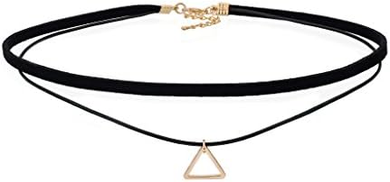 Choker collar Black Necklaces with Pendant Triangle Gold Tone Velvet Leather Punk Layered For Women