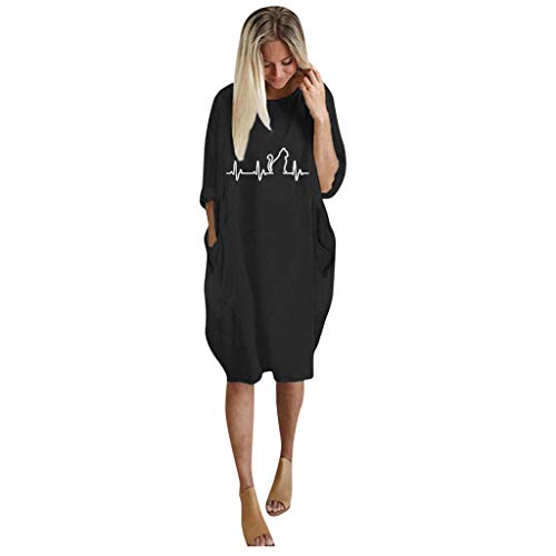 CEFGR Robe De Poche Imprimée Chat à Grande Taille Et à Manches Longues pour Femmes Pullover Couleur Unie T-Shirt en Vrac（3-Noir，EU-42/CN-XL）