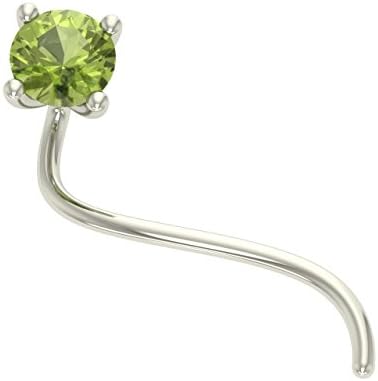 Pretty Jewellery 18K Real White Gold Nose Stud Ring Pin Bone With Lab Created 3MM Peridot