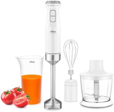 Ufesa Frullatore a Immersione Venus Max 1200W con Funzione Turbo, 4 Lame Inox, Velocità Variabile, Design Antischizzi, Set 3 in 1 con Tritatutto, Frusta e Bicchiere Graduato