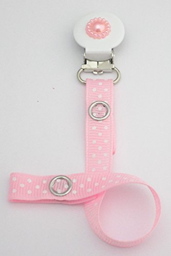 pacifier dummy holder clip for girls {pink polka dots -pearl clip}