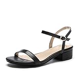 Obermaterial: Echtes Leder MENGLTX 2 018 Top Qualität Big Size 34-43 Echtes Leder Square Heels Sommer Sandalen Damenmode Knöchelriemen Damenschuhe 10 Schwarz
