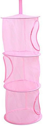 Foldable Round Mesh Hanging Organizer Net 3 Shelf Compartments Tier Kids Toy Storage Cage Space Saving Clothes Basket Bags Bathroom Wardrope Wall Door Closet (Pink)