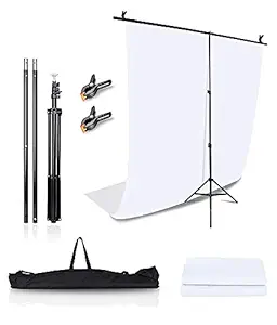 AJLIFE White Screen Backdrop 8x12 ft with Stand - 3 Packs 6x9FT Photography Backdrop with 1PC 6.5FT T-Shape Backdrop Stands, 2PCs Spring Clamps, 1PCs Carry Bag