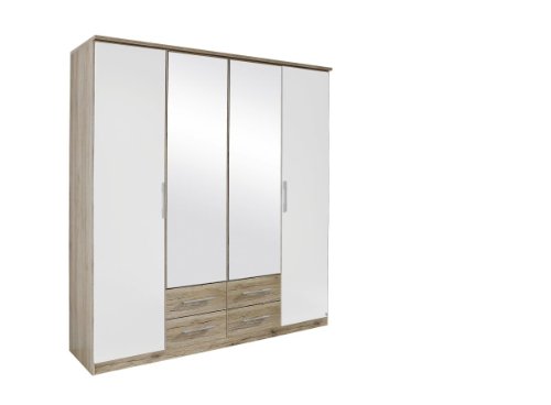 Rauch Kleiderschrank mit Spiegel Inside und Schubladen Weiß Alpin, Korpus-Schubladen Eiche San Remo hell, BxHxT 181x199x56 cm