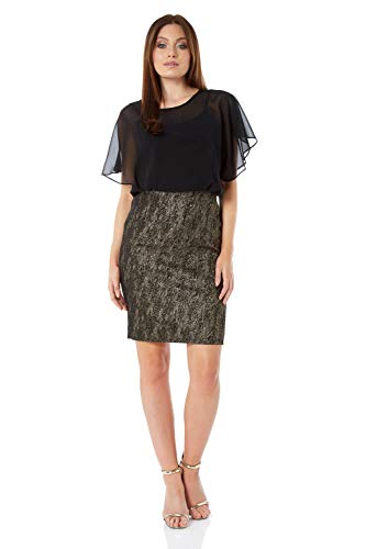 Roman Originals Women's Round Neck Short Sleeve Jaquard Overlay Knee Length Dress - Ladies Fashion Dresses for Smart Fancy Special Formal Party Occasions Gold