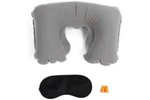 EUROAMZ Almohada Hinchable con Tapones para Oidos y Antifaz, Almohada Cervical y Cuello mas Kit de Viaje. Extra Fino (Gris)