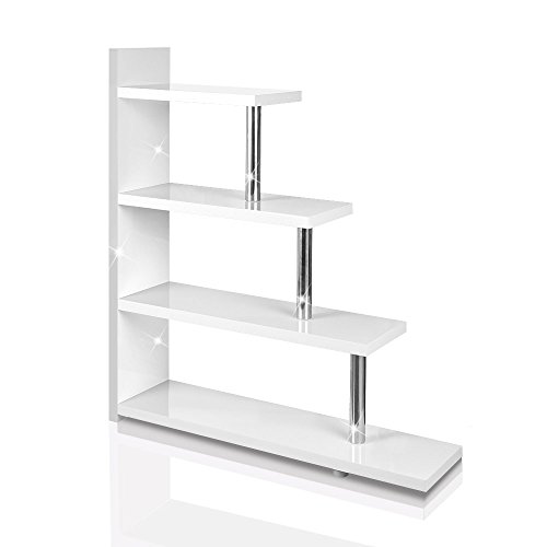 Step bookcase/Room Divider/Wall Shelf in White High Gloss Bookcase with 4 Shelves