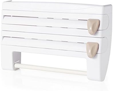 Wall Mounted 4-in-1 Muti-Function Paper Towel Holder Plastic Wrap Foil Dispenser with Spice Rack Kitchen Roll Holder Dispenser (white)