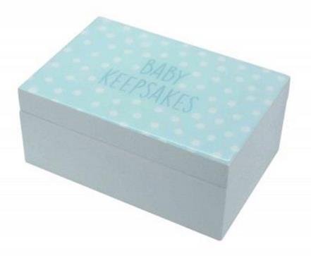 Blue and White Gloss Wood Spotty `Baby Keepsakes` Box