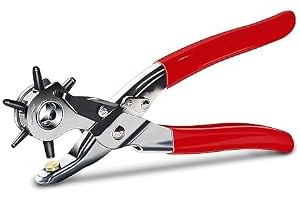 BKQPTL Leather Hole Punch Tool Set -6 Size Revolving Leather Belt Hand Hole Puncher for Belts, Watch Bands, Straps, Dog Collars, Saddles, Shoes, Fabric, DIY Home or Craft Projects (9'', Silver/Red)