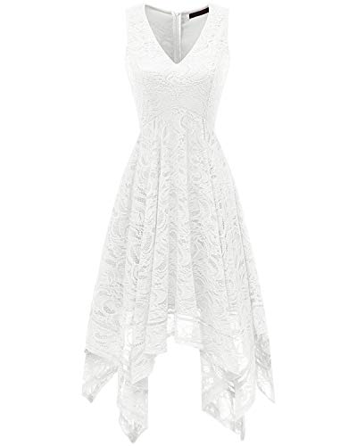 Bridesmay Robe Dentelle Femme Asymétrique Robe Demoiselle d'honneur Cocktail Bal Mariage Fête Robe de Soirée Pin up Col en V sans Manche White L