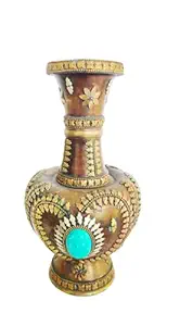 kaka jiji handicraft Antique Handcrafted Brass Flower Pot Brown with Green Stone Work I Unique Flower Pot Design for Home Decoration I Office Decoration I for Gifting Purpose I showpiece