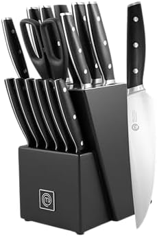 MasterChef Set Coltelli da Cucina Professionali con Ceppo, Porta con Coltello Pane, Bistecca, Chef, Santoku, Affilacoltelli, Forbici, Acciaio Inox ad Alto Carbonio, Manici Tripli Rivettati, 15 pezzi