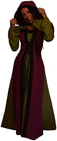 LONG green red black MEDIEVAL HOODED PRINCESS CORSET LACE DRESS wicca pagan alt XS S M L XL 8 10 12 14 16 pointy hood WOVEN COTTON LARP (M/L)