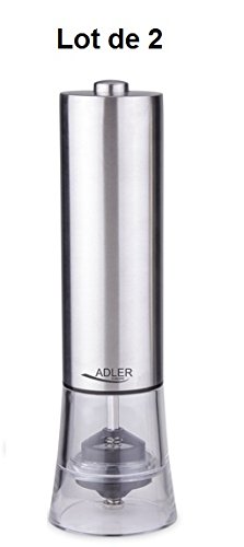 2er Set Elektrische Pfeffer-/ Salzmühle Adler AD4433 aus Edelstahl, Keramik-Mahlwerk, inkl. 8x AA-Batterien - 2