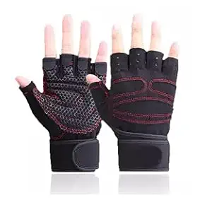 Frackson Certified Imported 1 Pair Red Protective Half Finger Hand Riding, Cycling, Bike Motorcycle Gym Gloves for Men, Universal Size